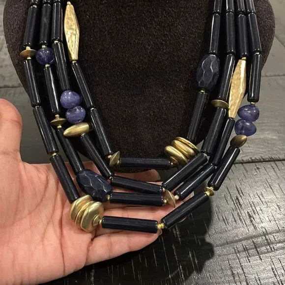 LARGE CHICOS NECKLACE BLUE MULTISTRAND BRUSHED GOLD TONE BEADS FASHION STATEMENT - Picture 2 of 7